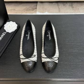 Chanel Classic Tweed Lambskin Leather Ballet Flats with Bow Black/White/Grey 2025 0901 (MD-250901008)