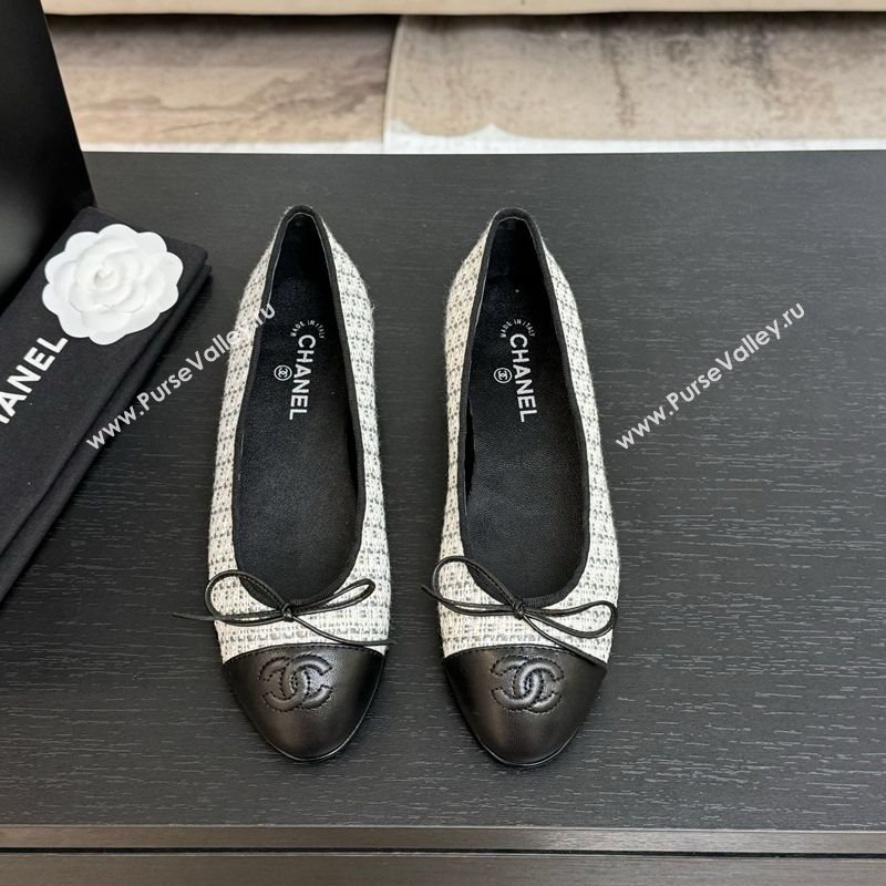 Chanel Classic Tweed Lambskin Leather Ballet Flats with Bow Black/White/Grey 2025 0901 (MD-250901008)