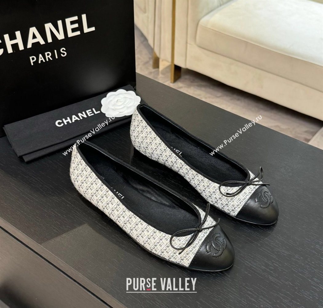 Chanel Classic Tweed Lambskin Leather Ballet Flats with Bow Black/White/Grey 2025 0901 (MD-250901008)