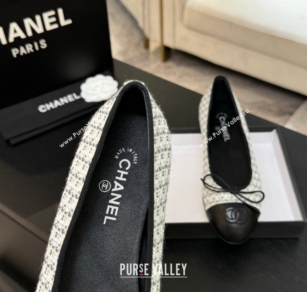 Chanel Classic Tweed Lambskin Leather Ballet Flats with Bow Black/White/Grey 2025 0901 (MD-250901008)