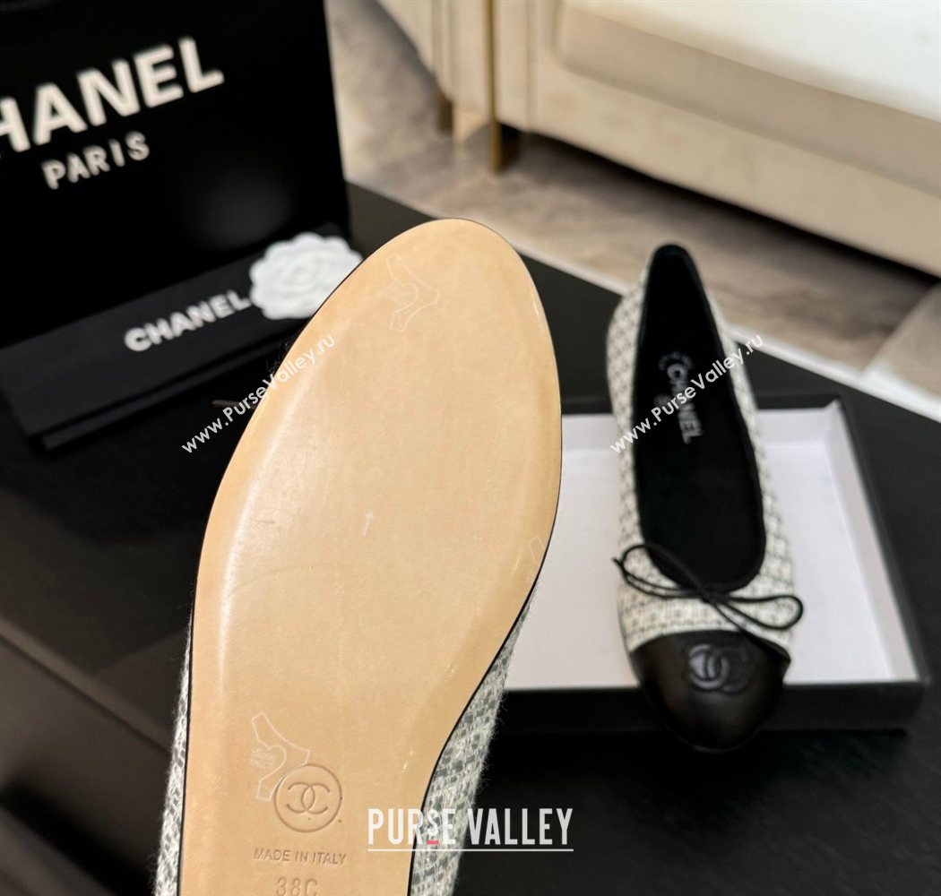 Chanel Classic Tweed Lambskin Leather Ballet Flats with Bow Black/White/Grey 2025 0901 (MD-250901008)