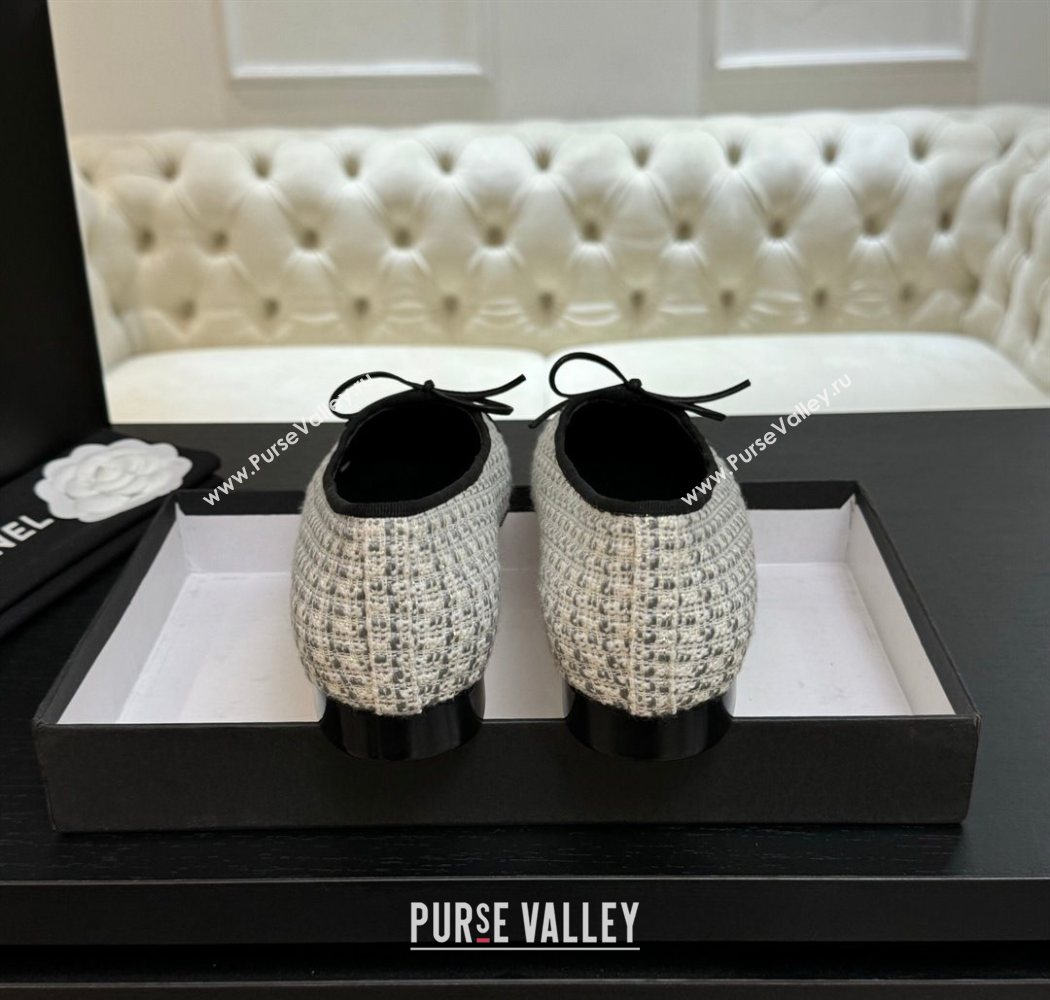 Chanel Classic Tweed Lambskin Leather Ballet Flats with Bow Black/White/Grey 2025 0901 (MD-250901008)