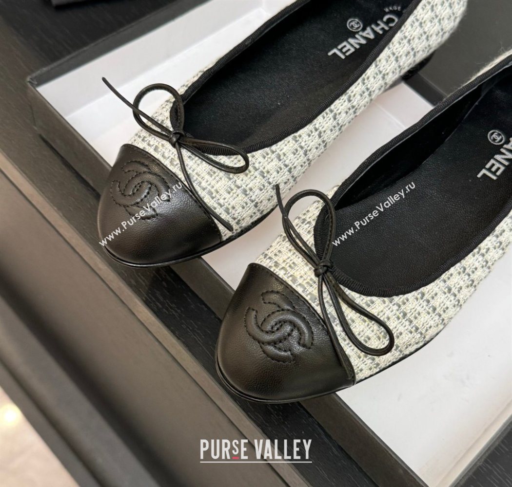 Chanel Classic Tweed Lambskin Leather Ballet Flats with Bow Black/White/Grey 2025 0901 (MD-250901008)