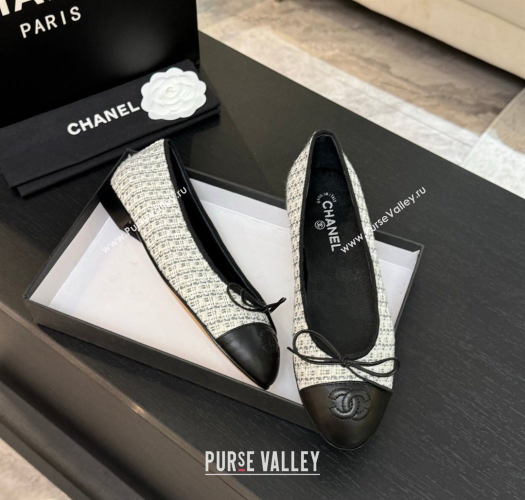 Chanel Classic Tweed Lambskin Leather Ballet Flats with Bow Black/White/Grey 2025 0901 (MD-250901008)