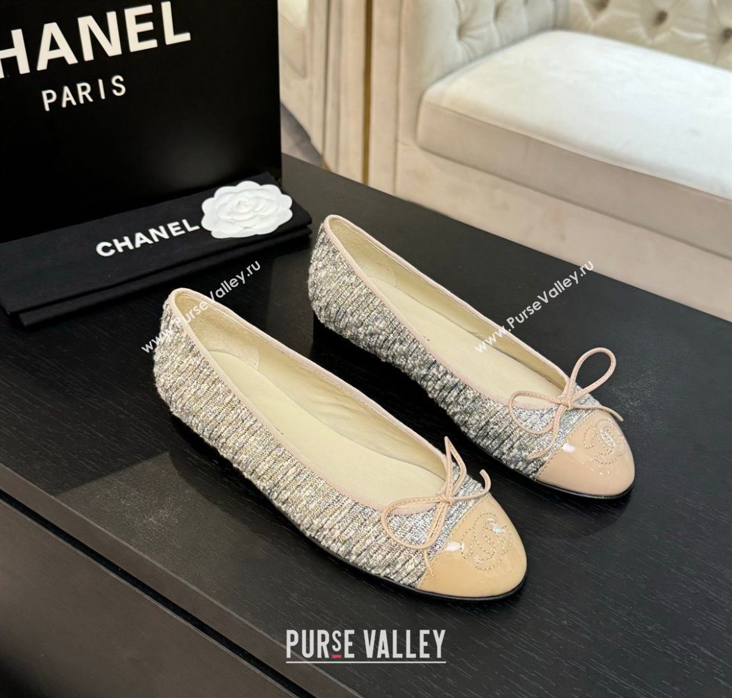Chanel Classic Tweed Patent Calfskin Ballet Flats with Bow Nude/Multicolor 2025 0901 (MD-250901009)
