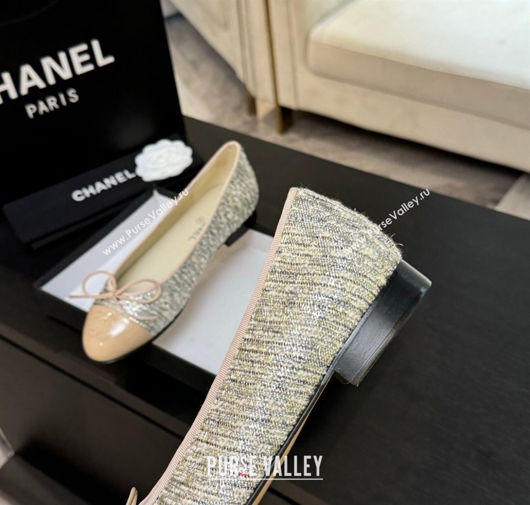 Chanel Classic Tweed Patent Calfskin Ballet Flats with Bow Nude/Multicolor 2025 0901 (MD-250901009)