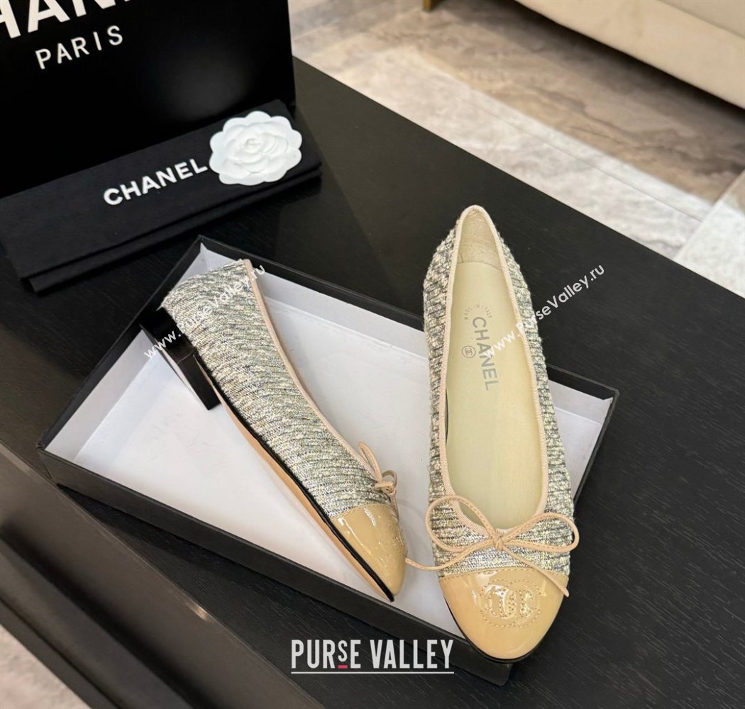 Chanel Classic Tweed Patent Calfskin Ballet Flats with Bow Nude/Multicolor 2025 0901 (MD-250901009)