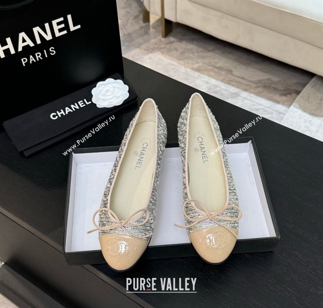 Chanel Classic Tweed Patent Calfskin Ballet Flats with Bow Nude/Multicolor 2025 0901 (MD-250901009)