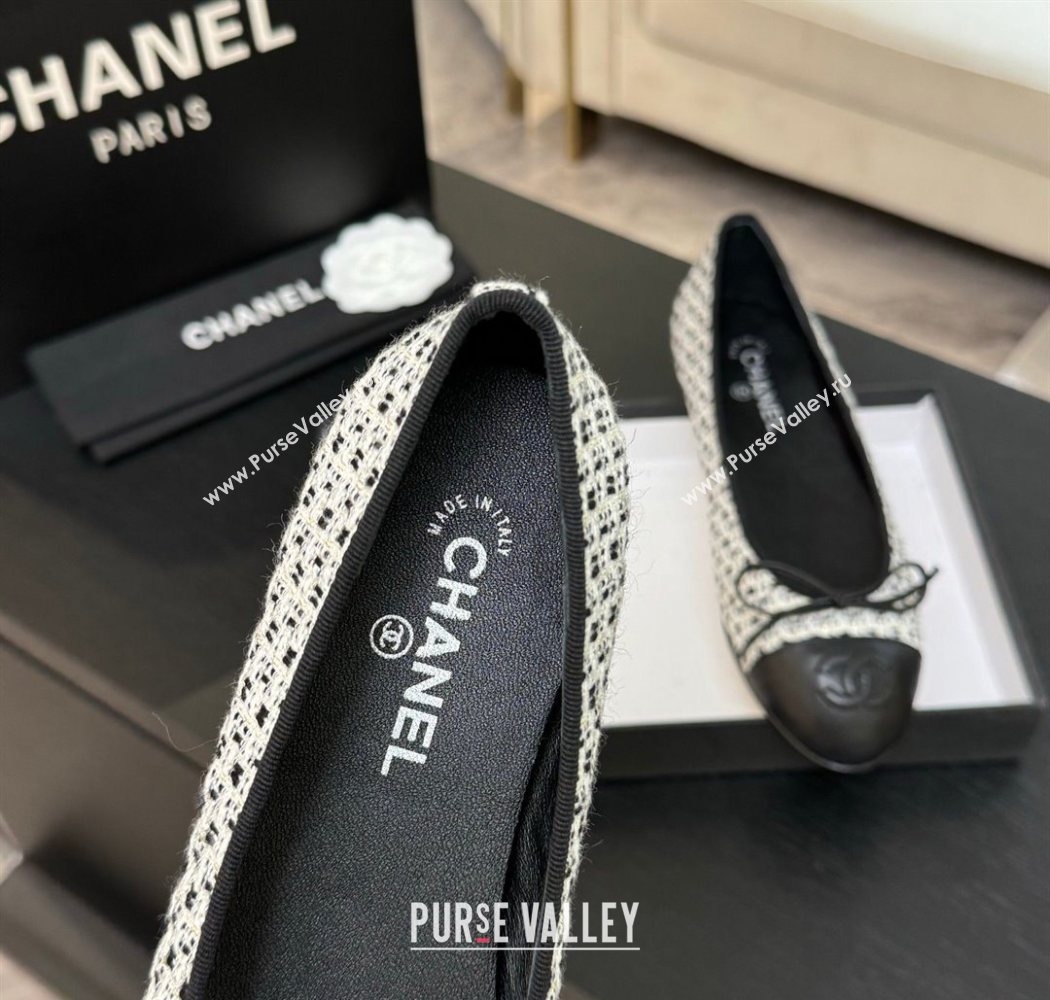 Chanel Classic Tweed Lambskin Leather Ballet Flats with Bow Black/White2 2025 0901 (MD-250901011)