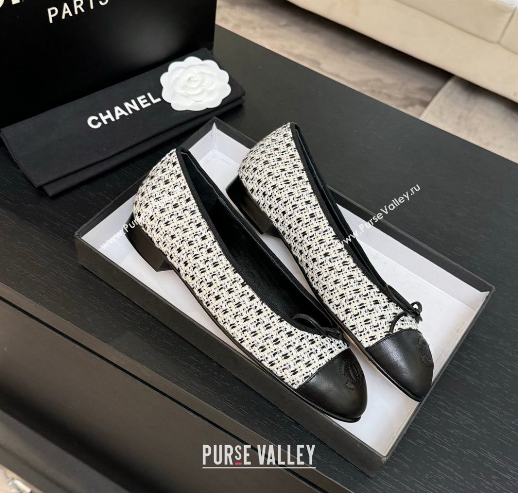 Chanel Classic Tweed Lambskin Leather Ballet Flats with Bow Black/White2 2025 0901 (MD-250901011)