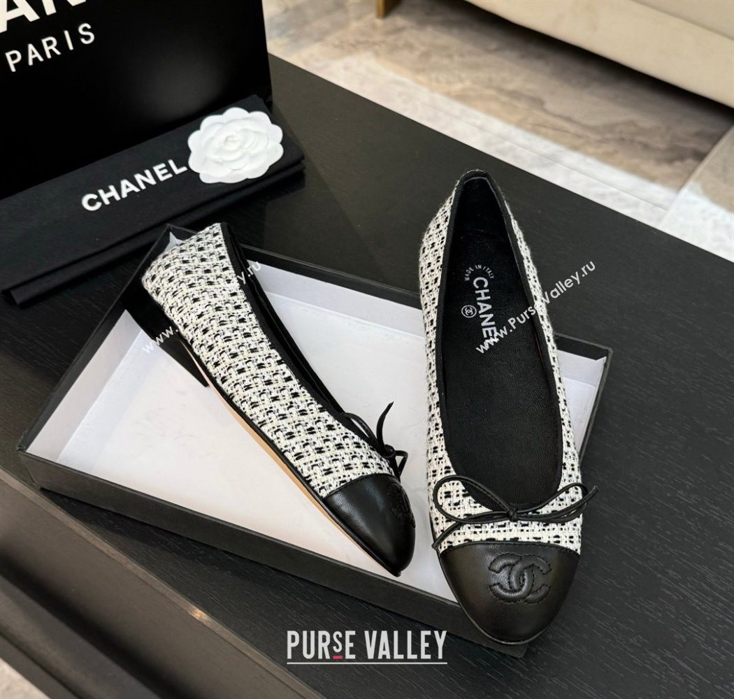 Chanel Classic Tweed Lambskin Leather Ballet Flats with Bow Black/White2 2025 0901 (MD-250901011)
