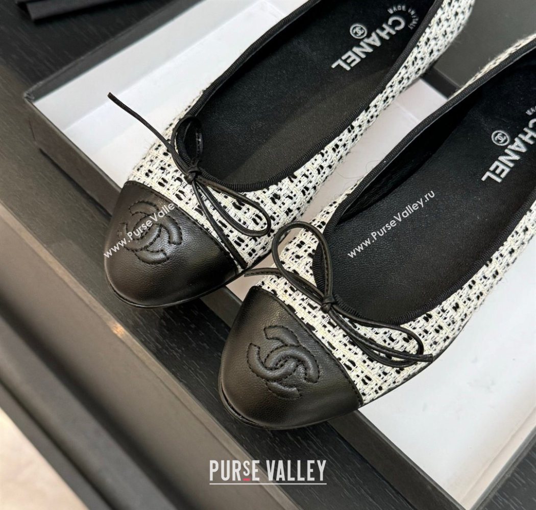 Chanel Classic Tweed Lambskin Leather Ballet Flats with Bow Black/White2 2025 0901 (MD-250901011)