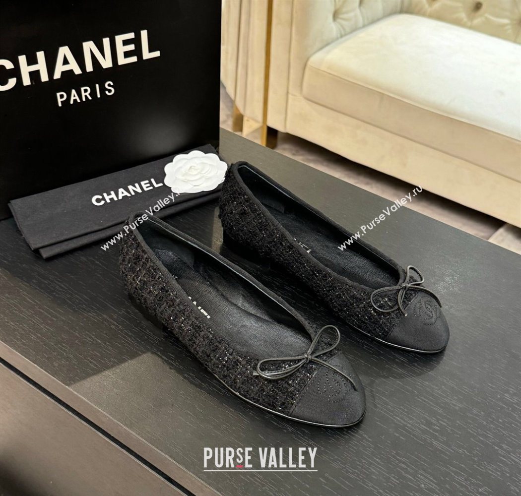 Chanel Classic Tweed Grosgrain Ballet Flats with Bow Black 2025 0901 (MD-250901012)