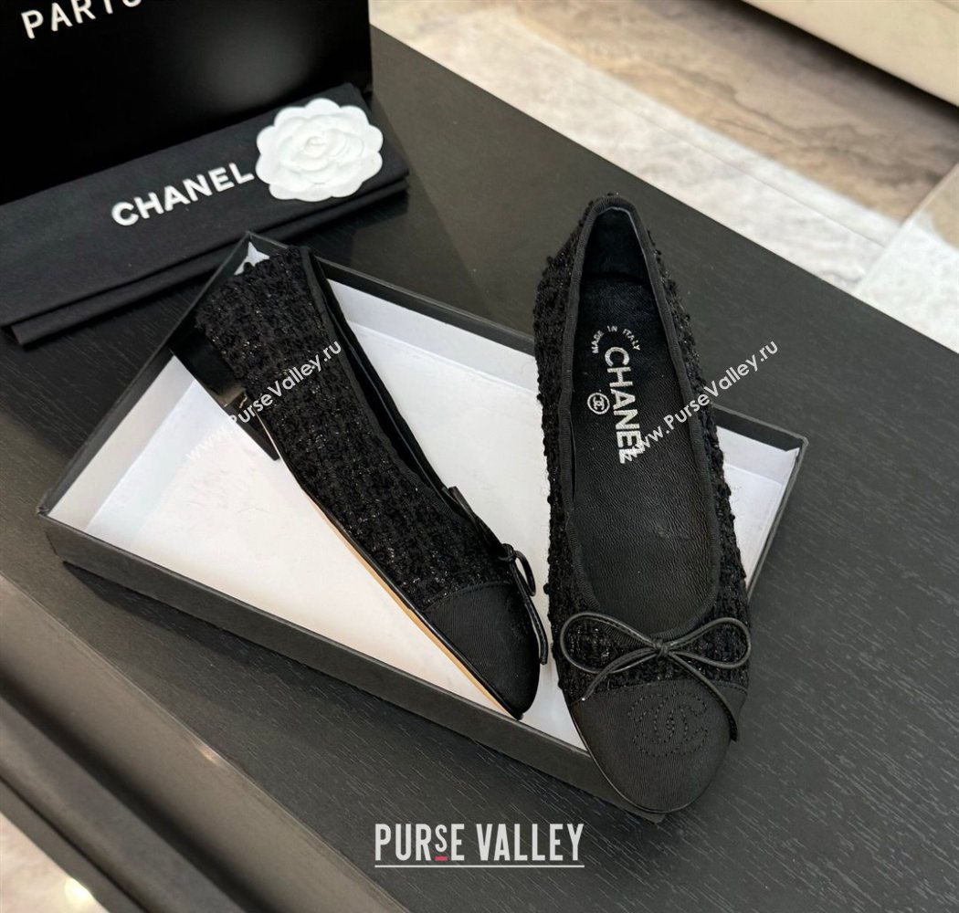 Chanel Classic Tweed Grosgrain Ballet Flats with Bow Black 2025 0901 (MD-250901012)