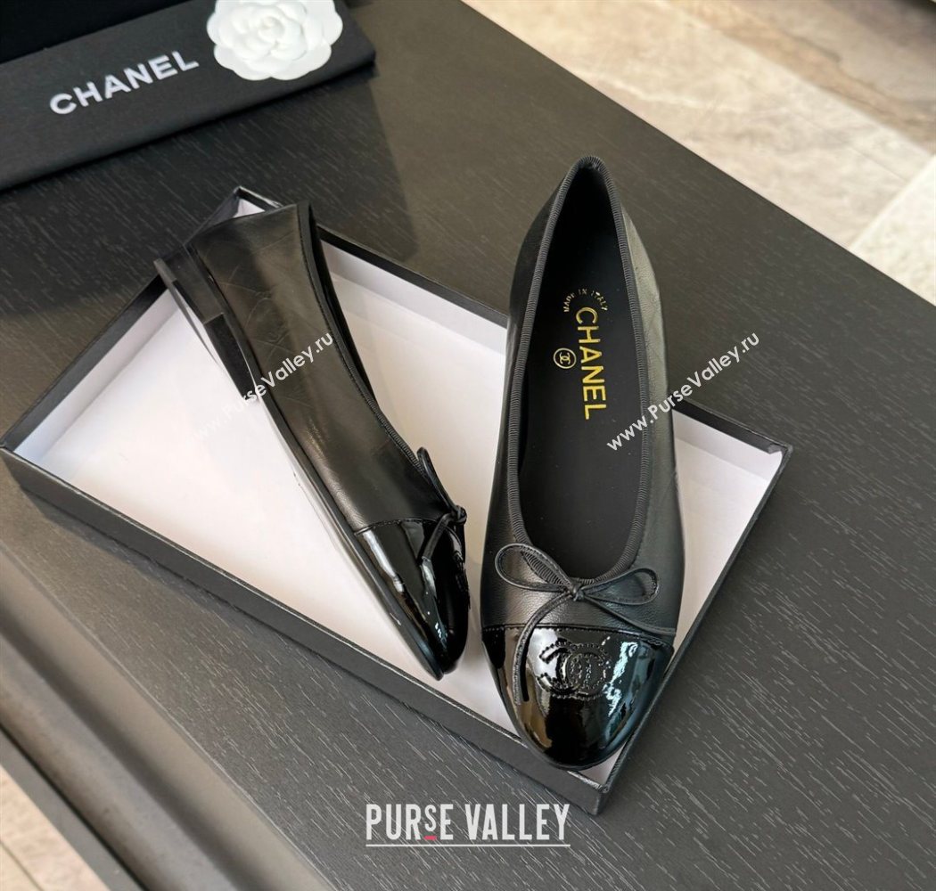 Chanel Classic Quilted CC Lambskin Patent Calfskin Ballet Flats with Bow Black 2025 (MD-250901014)