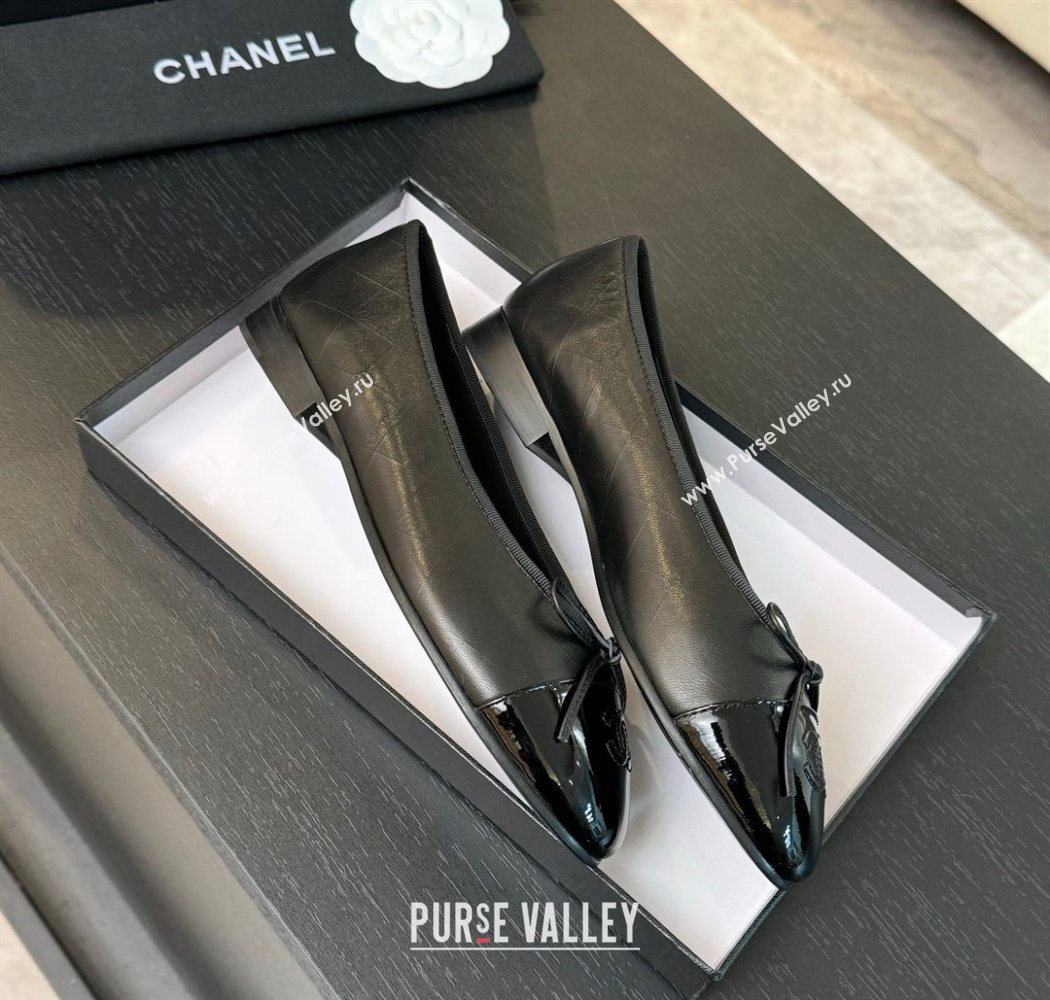 Chanel Classic Quilted CC Lambskin Patent Calfskin Ballet Flats with Bow Black 2025 (MD-250901014)