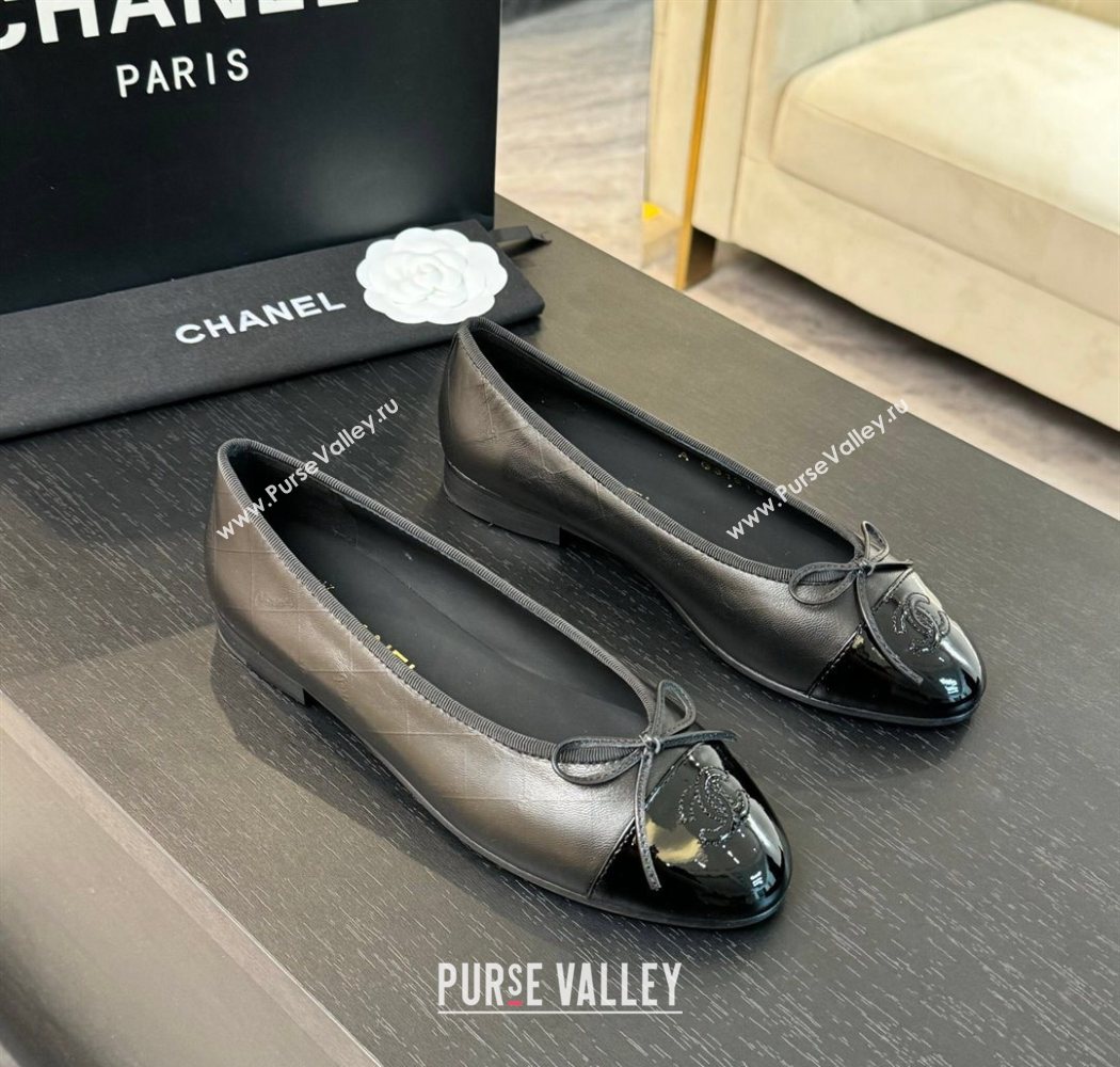Chanel Classic Quilted CC Lambskin Patent Calfskin Ballet Flats with Bow Black 2025 (MD-250901014)