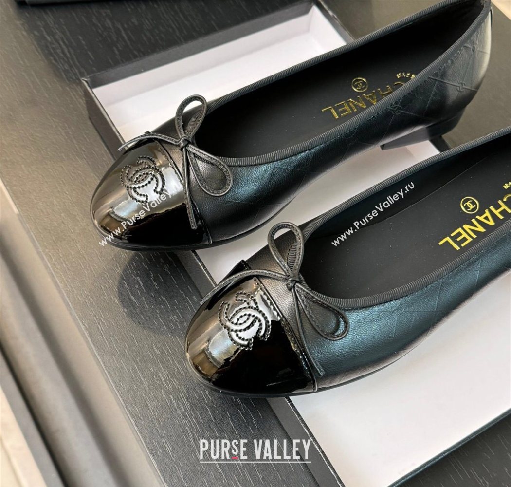 Chanel Classic Quilted CC Lambskin Patent Calfskin Ballet Flats with Bow Black 2025 (MD-250901014)