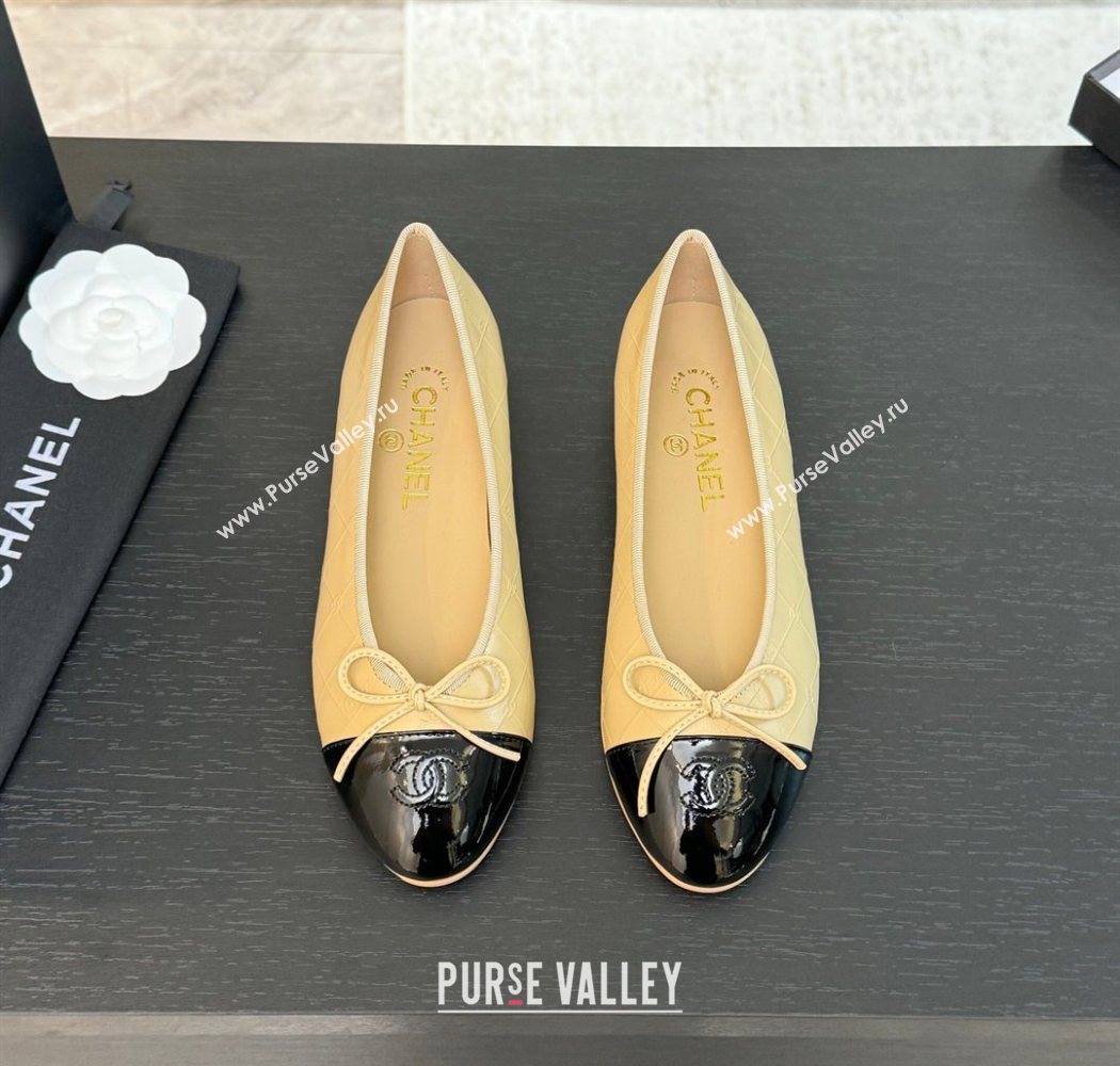 Chanel Classic Quilted CC Lambskin Patent Calfskin Ballet Flats with Bow Beige Yellow 2025 (MD-250901015)