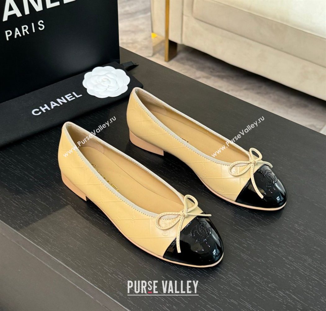 Chanel Classic Quilted CC Lambskin Patent Calfskin Ballet Flats with Bow Beige Yellow 2025 (MD-250901015)