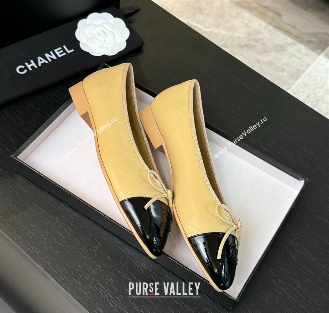 Chanel Classic Quilted CC Lambskin Patent Calfskin Ballet Flats with Bow Beige Yellow 2025 (MD-250901015)