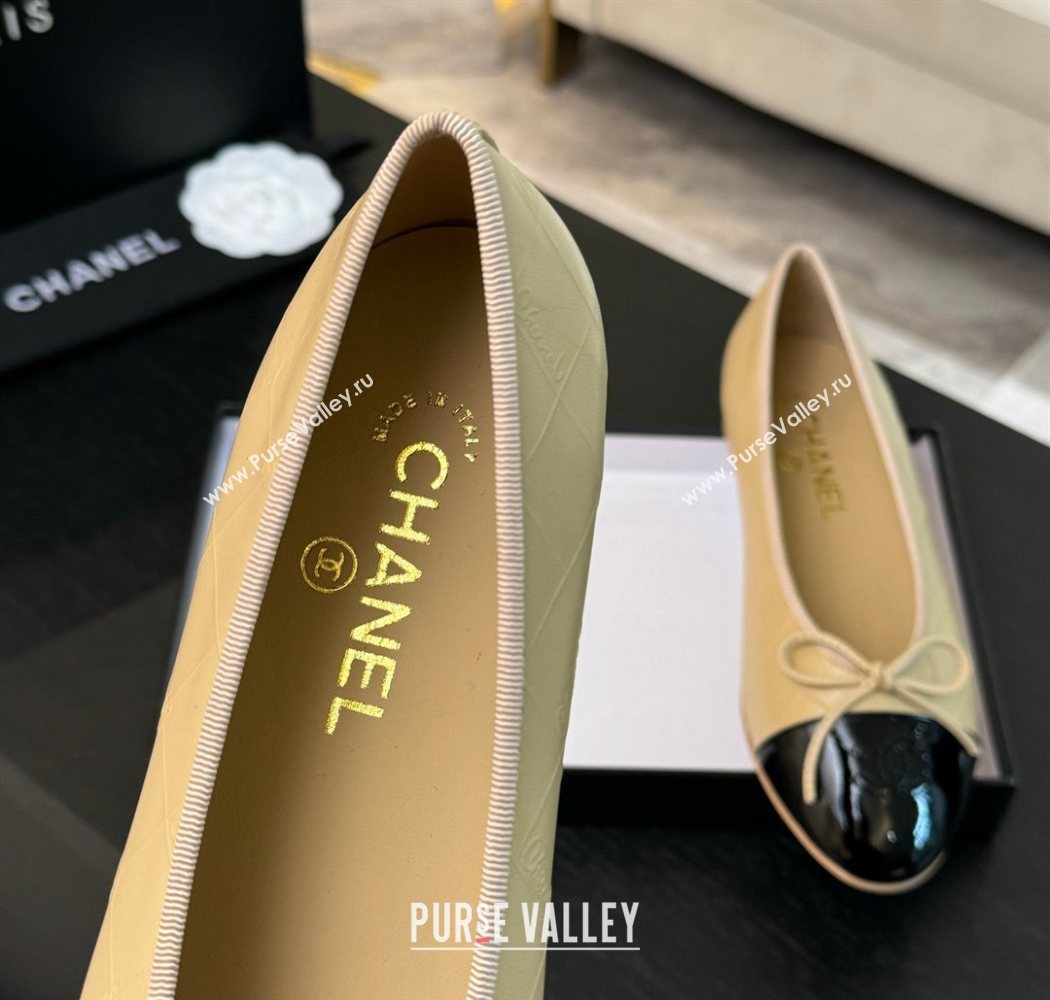 Chanel Classic Quilted CC Lambskin Patent Calfskin Ballet Flats with Bow Beige Yellow 2025 (MD-250901015)