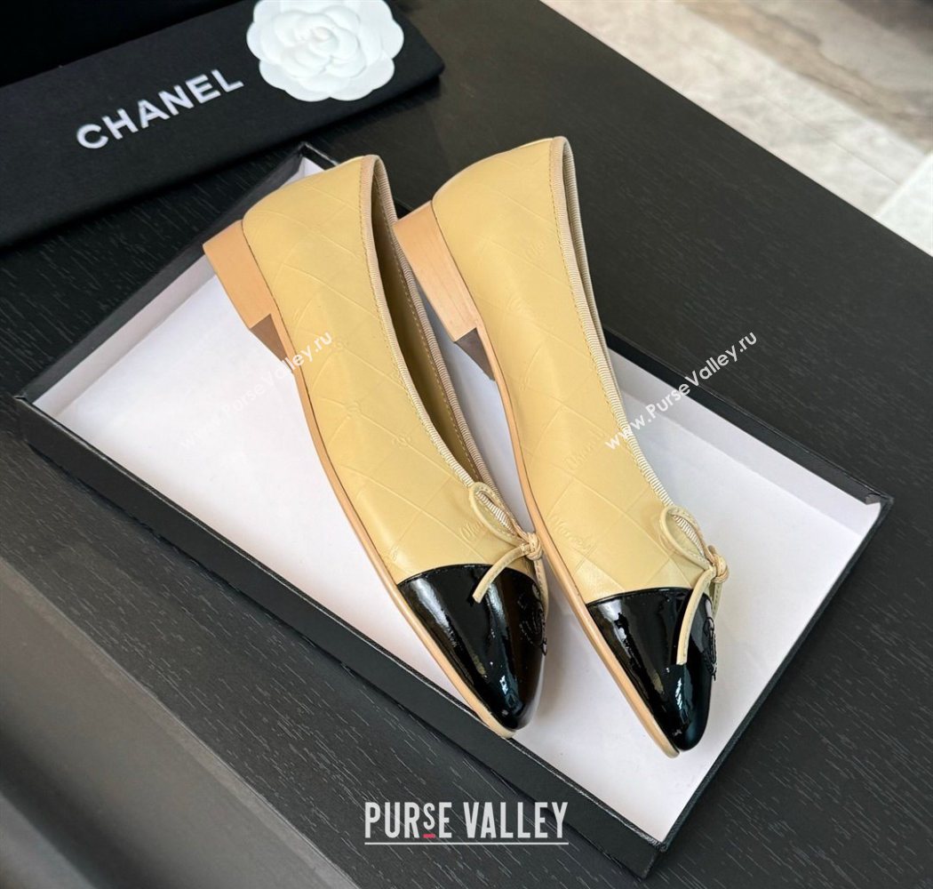 Chanel Classic Quilted CC Lambskin Patent Calfskin Ballet Flats with Bow Beige Yellow 2025 (MD-250901015)