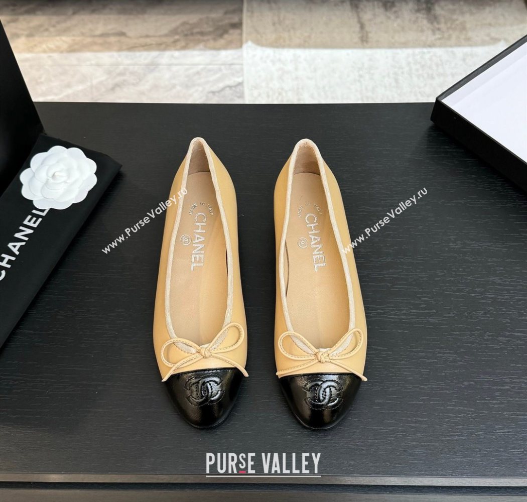 Chanel Classic Lambskin Patent Calfskin Ballet Flats with Bow Beige 2025 0901 (MD-250901022)