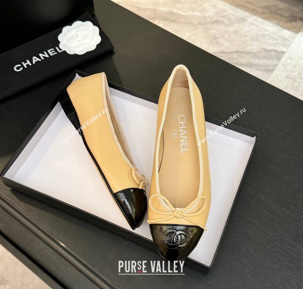 Chanel Classic Lambskin Patent Calfskin Ballet Flats with Bow Beige 2025 0901 (MD-250901022)