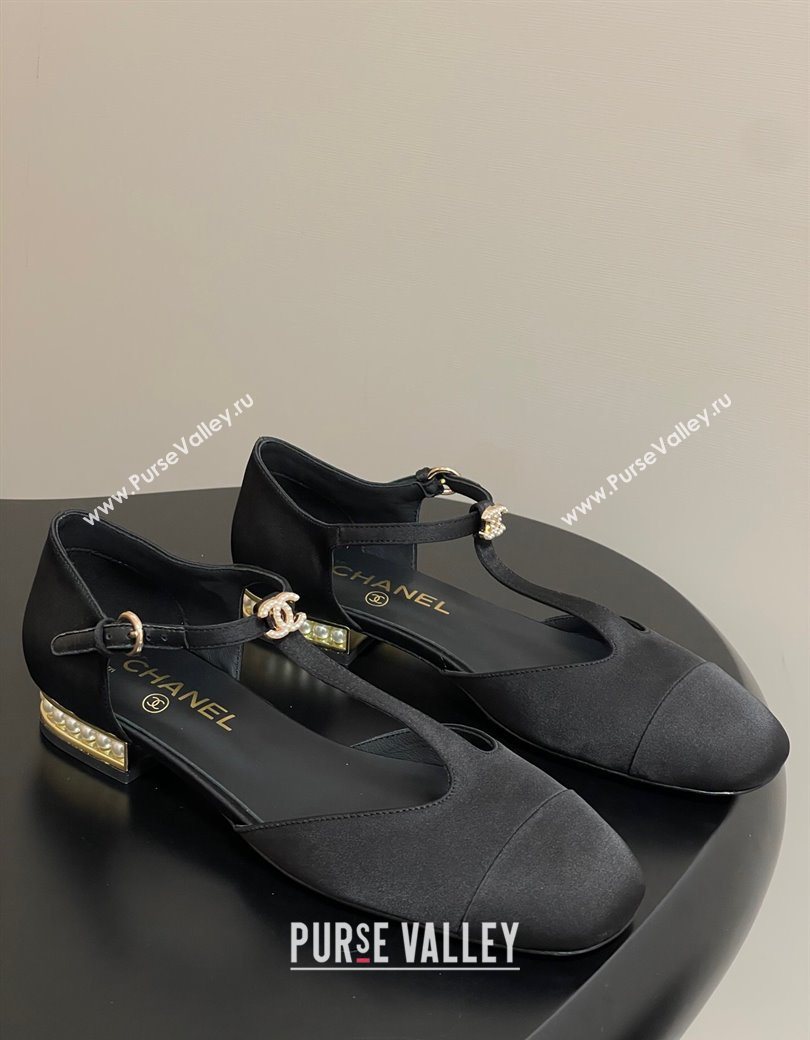 Chanel Satin T Mary Janes Flat Shoes with Pearls Black 2025 CH090104 (MD-250901055)