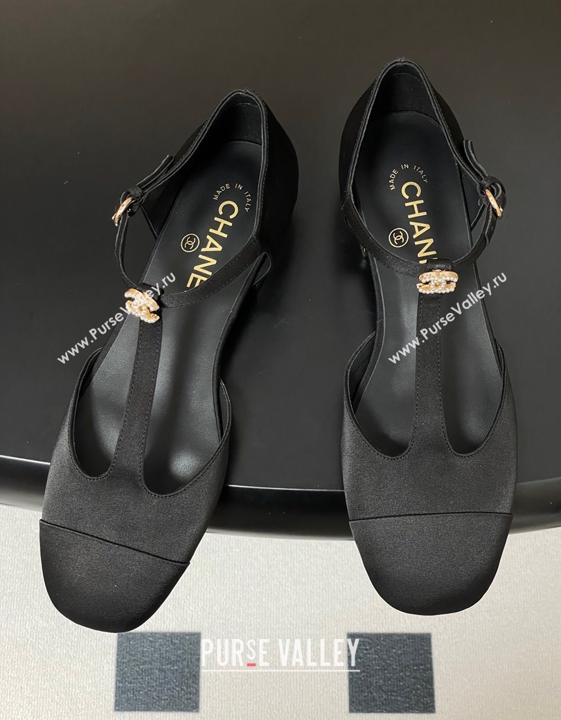 Chanel Satin T Mary Janes Flat Shoes with Pearls Black 2025 CH090104 (MD-250901055)