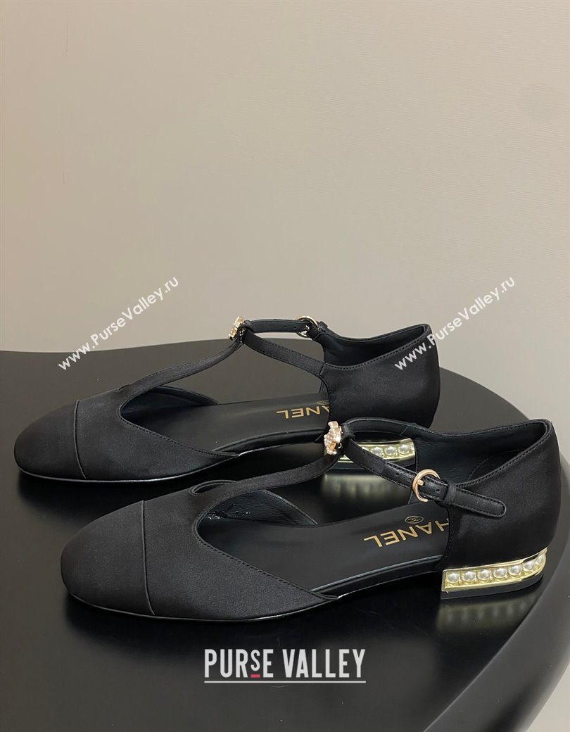 Chanel Satin T Mary Janes Flat Shoes with Pearls Black 2025 CH090104 (MD-250901055)