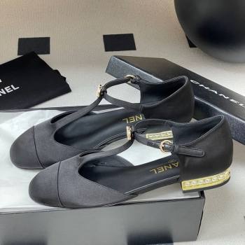 Chanel Satin T Mary Janes Flat Shoes with Pearls Black 2025 CH090104 (MD-250901055)