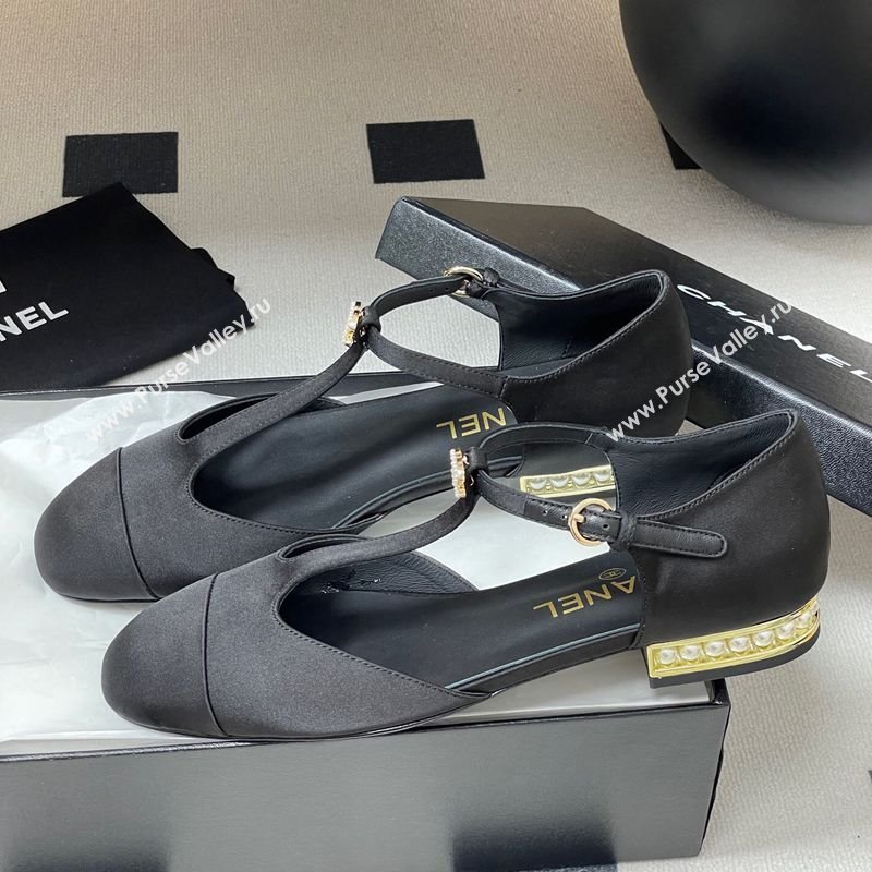 Chanel Satin T Mary Janes Flat Shoes with Pearls Black 2025 CH090104 (MD-250901055)