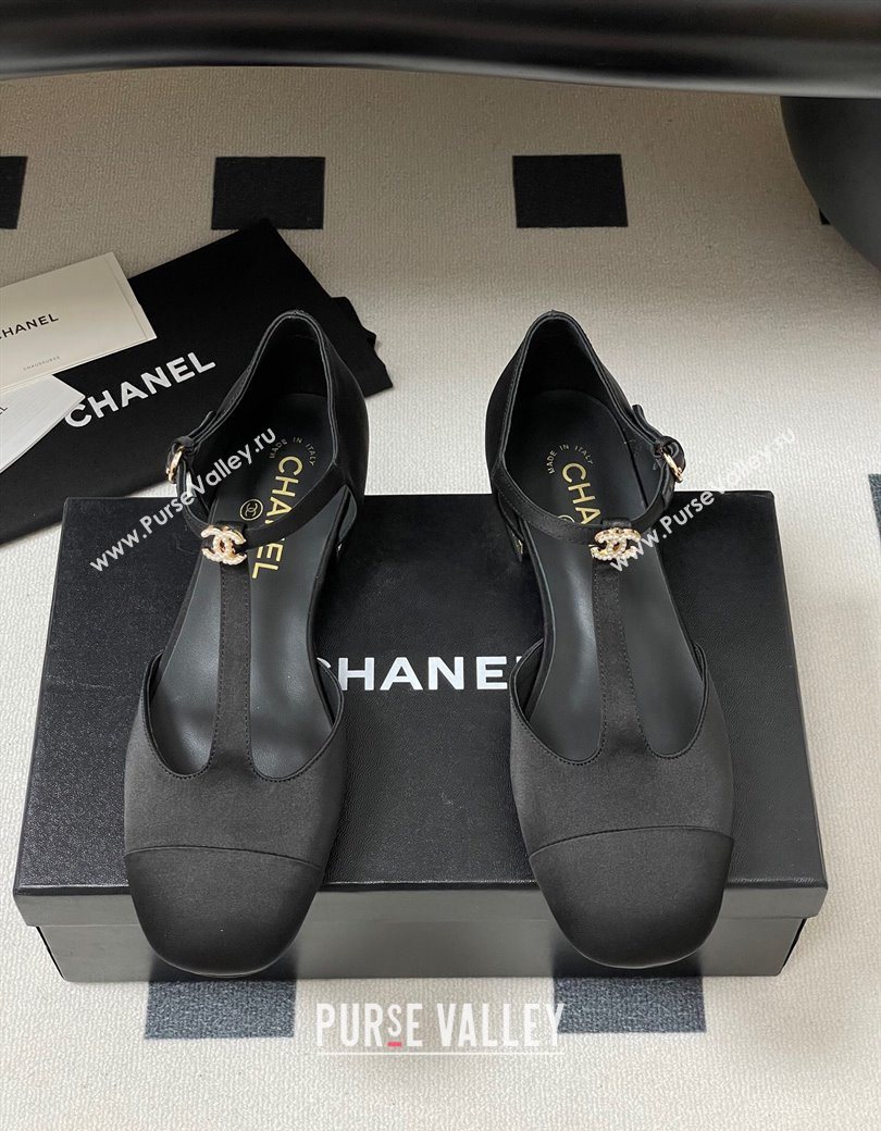 Chanel Satin T Mary Janes Flat Shoes with Pearls Black 2025 CH090104 (MD-250901055)