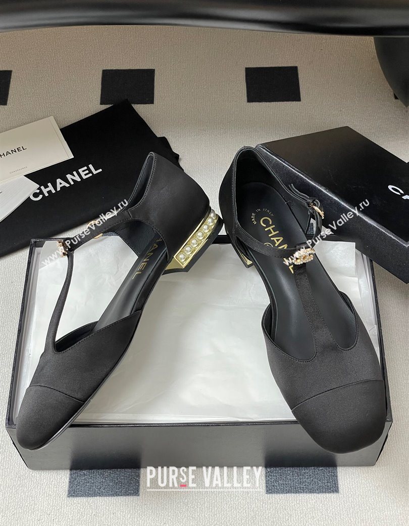 Chanel Satin T Mary Janes Flat Shoes with Pearls Black 2025 CH090104 (MD-250901055)