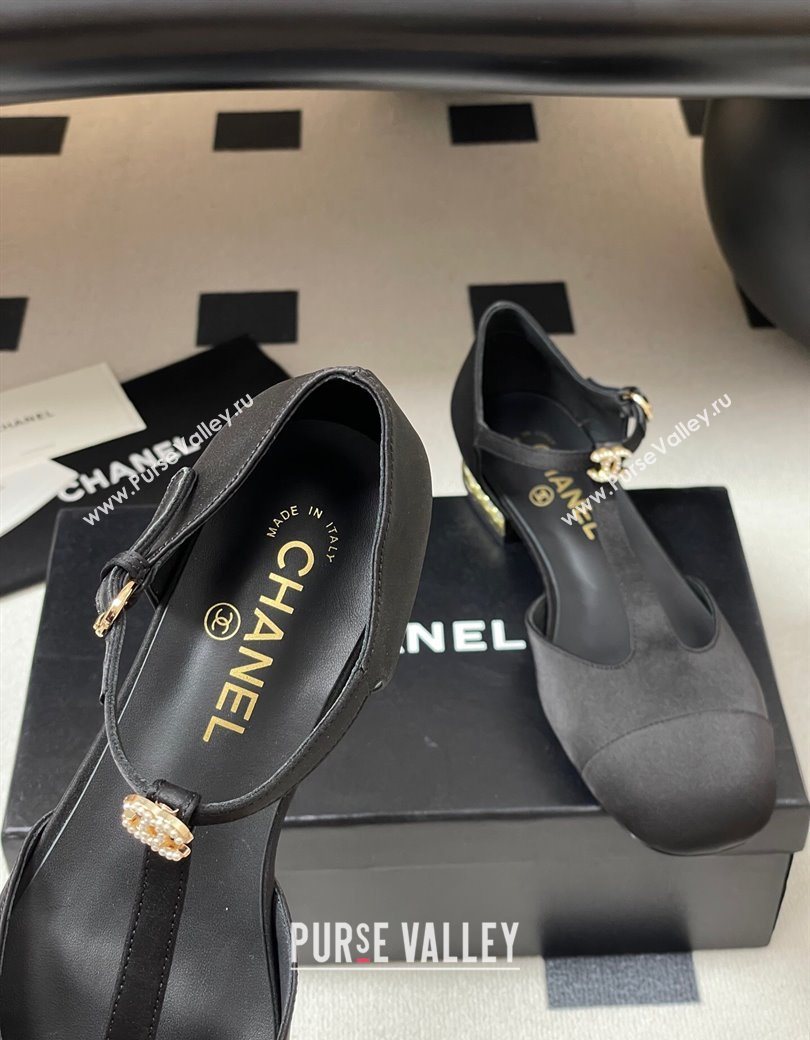 Chanel Satin T Mary Janes Flat Shoes with Pearls Black 2025 CH090104 (MD-250901055)