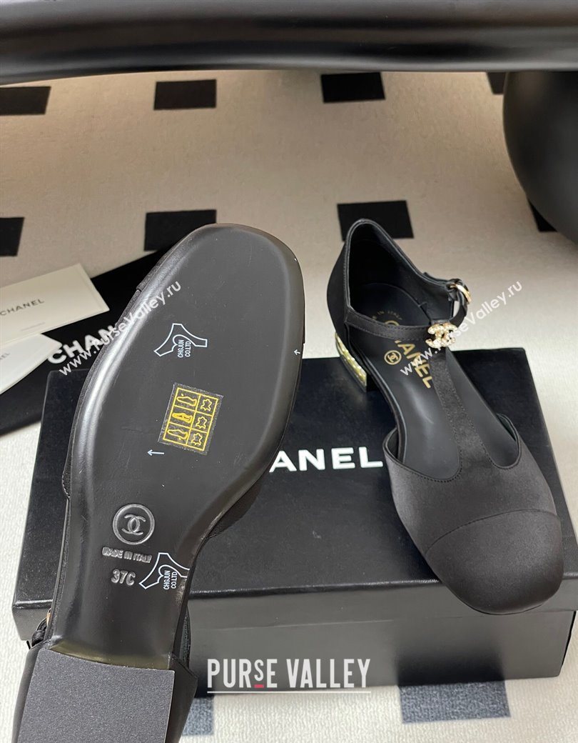 Chanel Satin T Mary Janes Flat Shoes with Pearls Black 2025 CH090104 (MD-250901055)