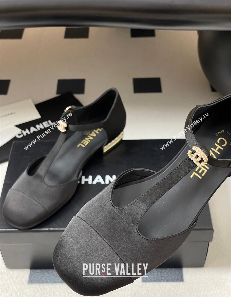 Chanel Satin T Mary Janes Flat Shoes with Pearls Black 2025 CH090104 (MD-250901055)