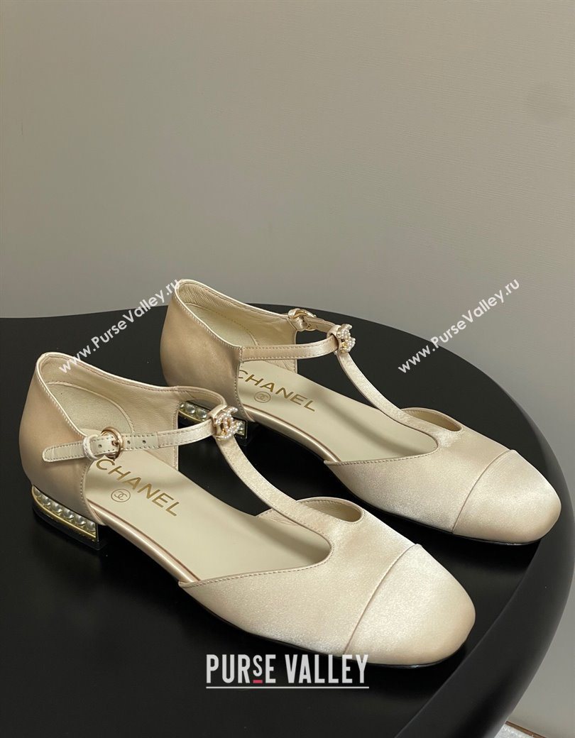 Chanel Satin T Mary Janes Flat Shoes with Pearls Beige 2025 CH090104 (MD-250901056)