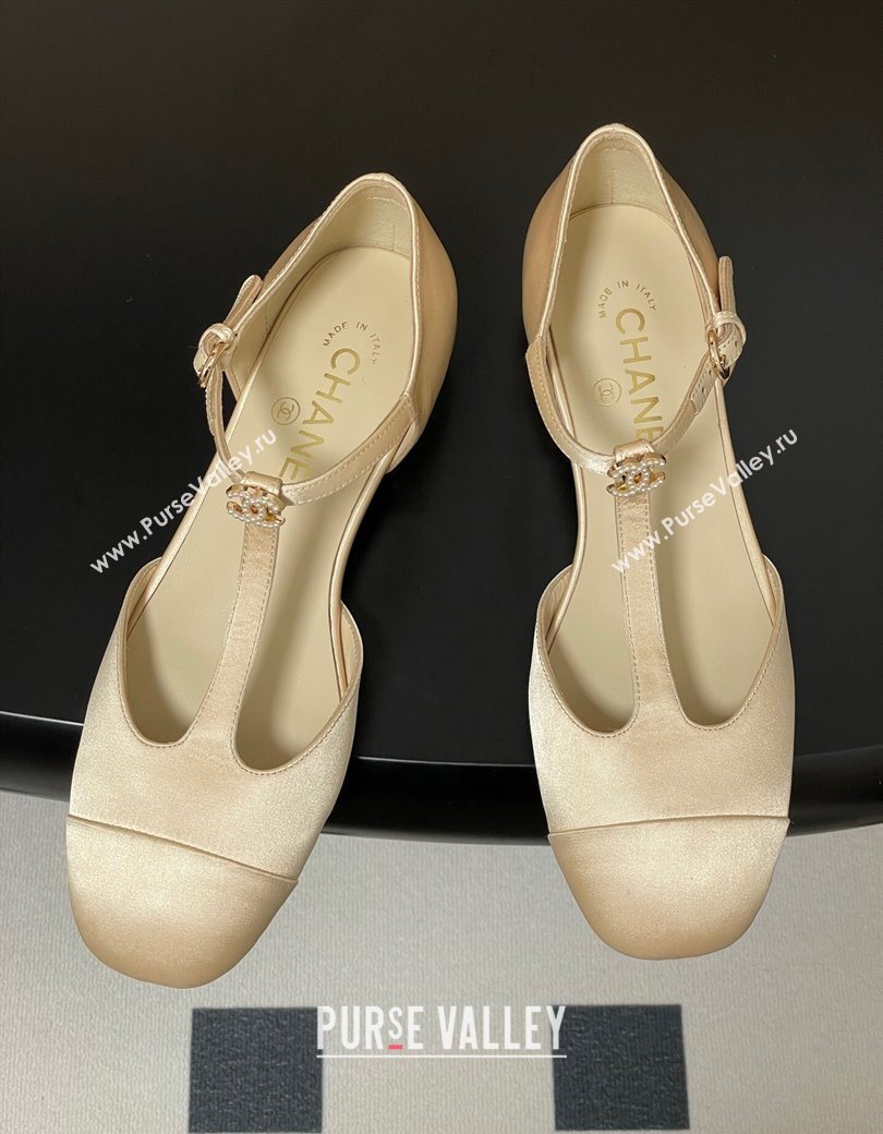 Chanel Satin T Mary Janes Flat Shoes with Pearls Beige 2025 CH090104 (MD-250901056)