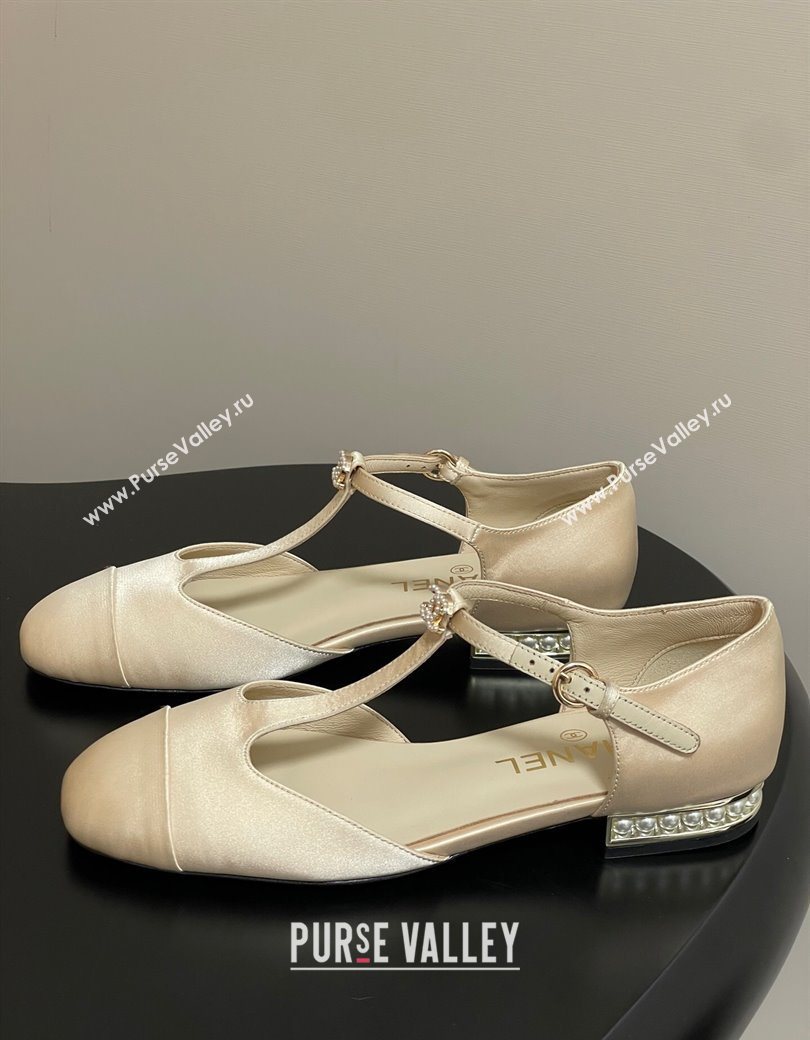 Chanel Satin T Mary Janes Flat Shoes with Pearls Beige 2025 CH090104 (MD-250901056)