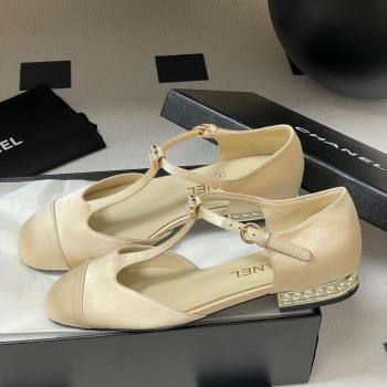 Chanel Satin T Mary Janes Flat Shoes with Pearls Beige 2025 CH090104 (MD-250901056)