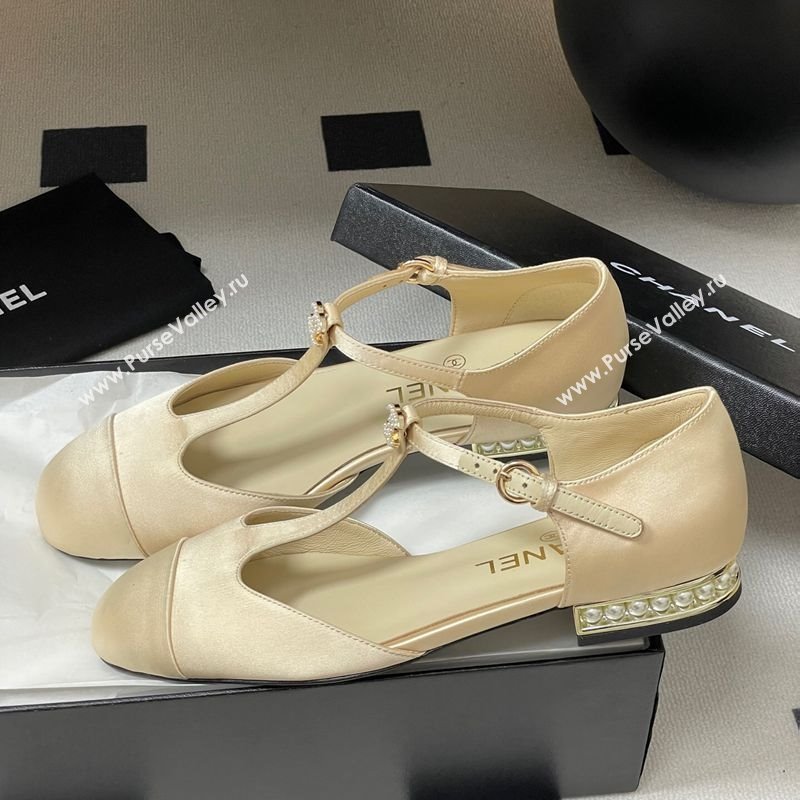 Chanel Satin T Mary Janes Flat Shoes with Pearls Beige 2025 CH090104 (MD-250901056)