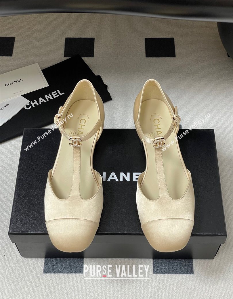 Chanel Satin T Mary Janes Flat Shoes with Pearls Beige 2025 CH090104 (MD-250901056)