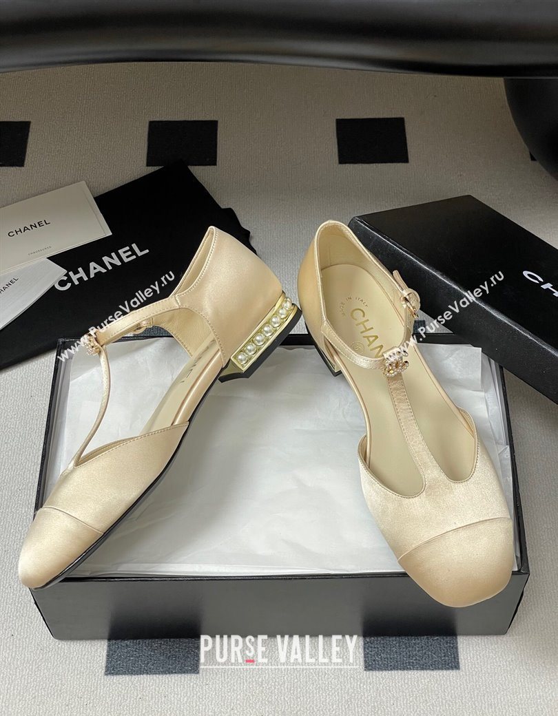 Chanel Satin T Mary Janes Flat Shoes with Pearls Beige 2025 CH090104 (MD-250901056)