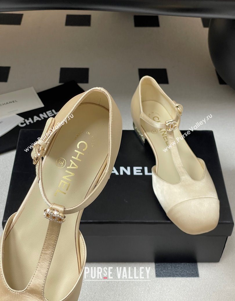 Chanel Satin T Mary Janes Flat Shoes with Pearls Beige 2025 CH090104 (MD-250901056)