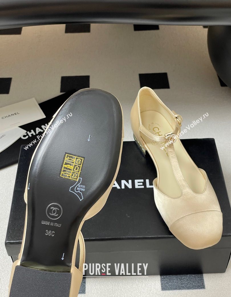Chanel Satin T Mary Janes Flat Shoes with Pearls Beige 2025 CH090104 (MD-250901056)