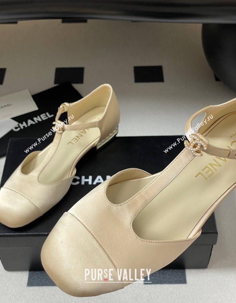 Chanel Satin T Mary Janes Flat Shoes with Pearls Beige 2025 CH090104 (MD-250901056)