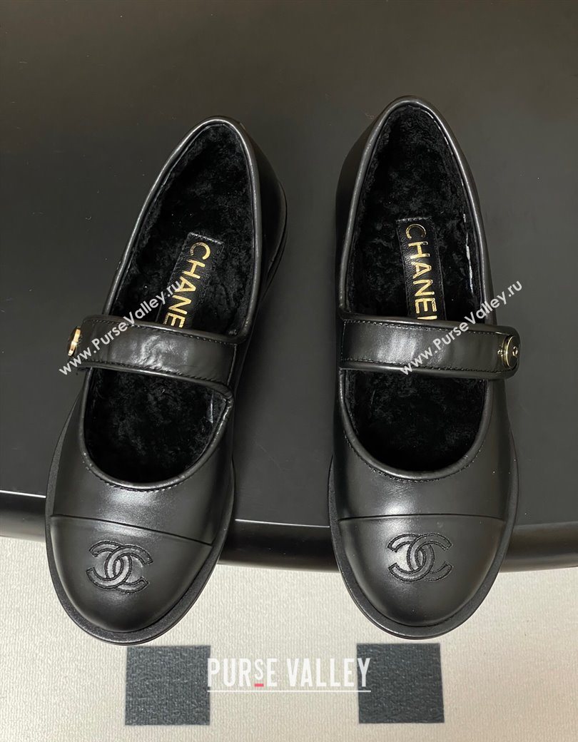 Chanel Calfskin Wool Lining Mary Janes Ballet Flats Black 2025 CH090106 (MD-250901077)